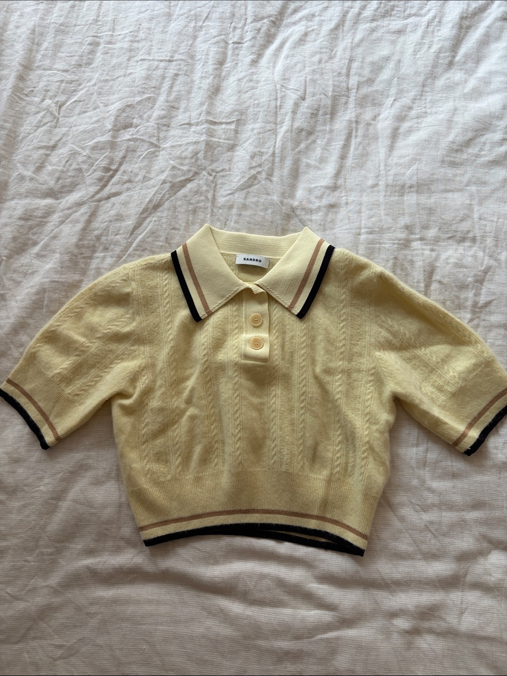 Sandro Pale Yellow Polo Knit with Navy & Tan Trim